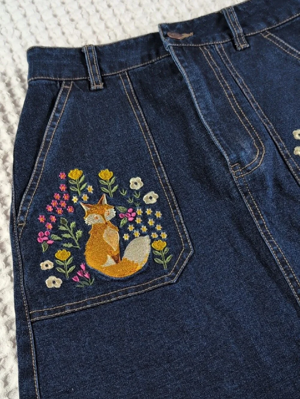 Modcloth X Princess Highway Embroidered Fox Dark Blue Denim A-Line Skirt Size 6 - Picture 9 of 11